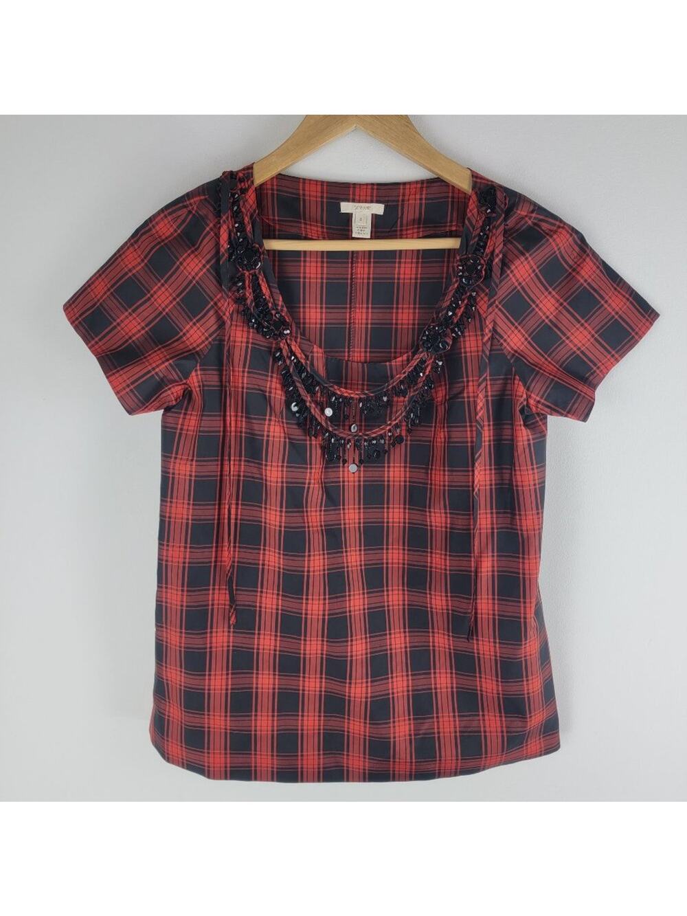 J Crew Eliza Silk Blouse Top Necklace Tartan Short Sleeve Red Size 2